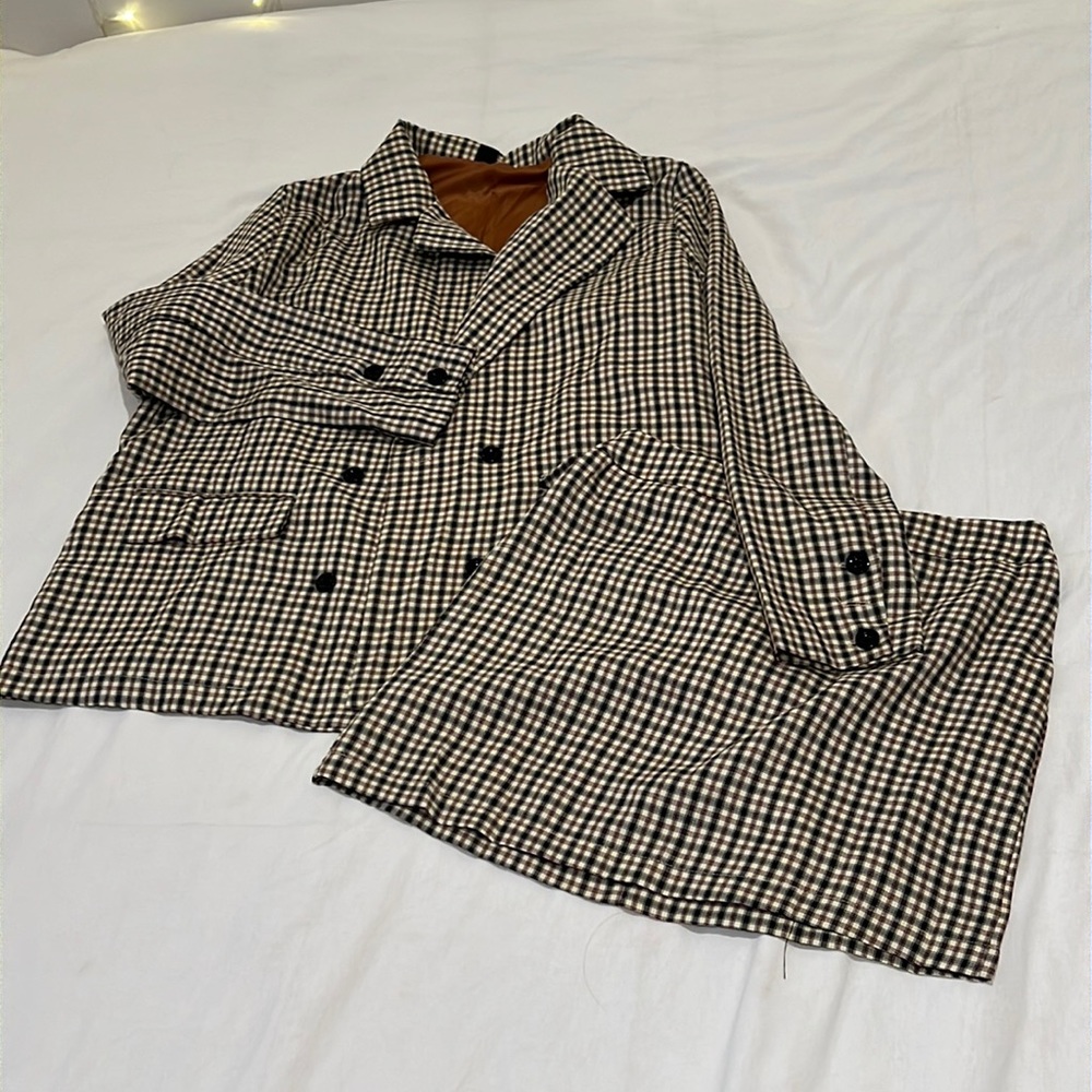 Blazer and Skirt Set: Tan Plaid